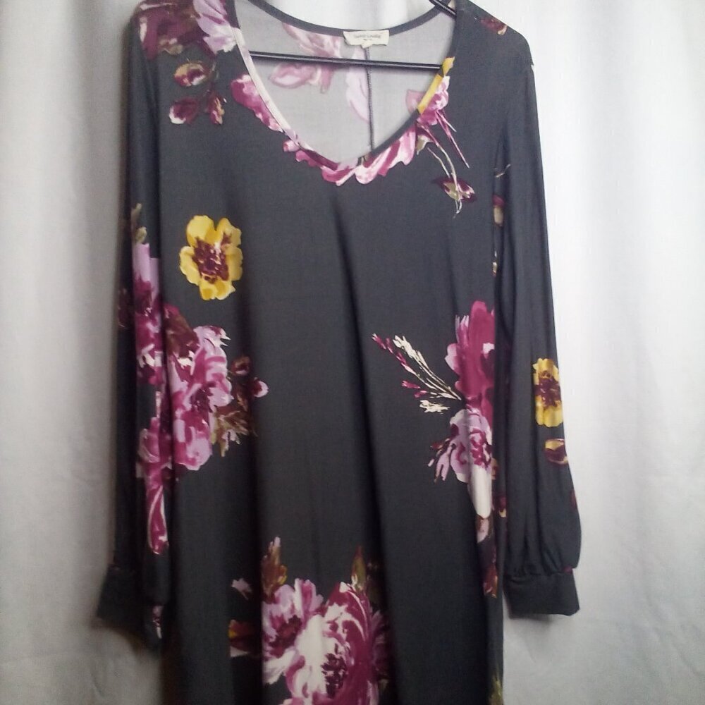 Sweet Lovely Tunic Dress Women L Long Sleeve Pockets Floral Gray Pink